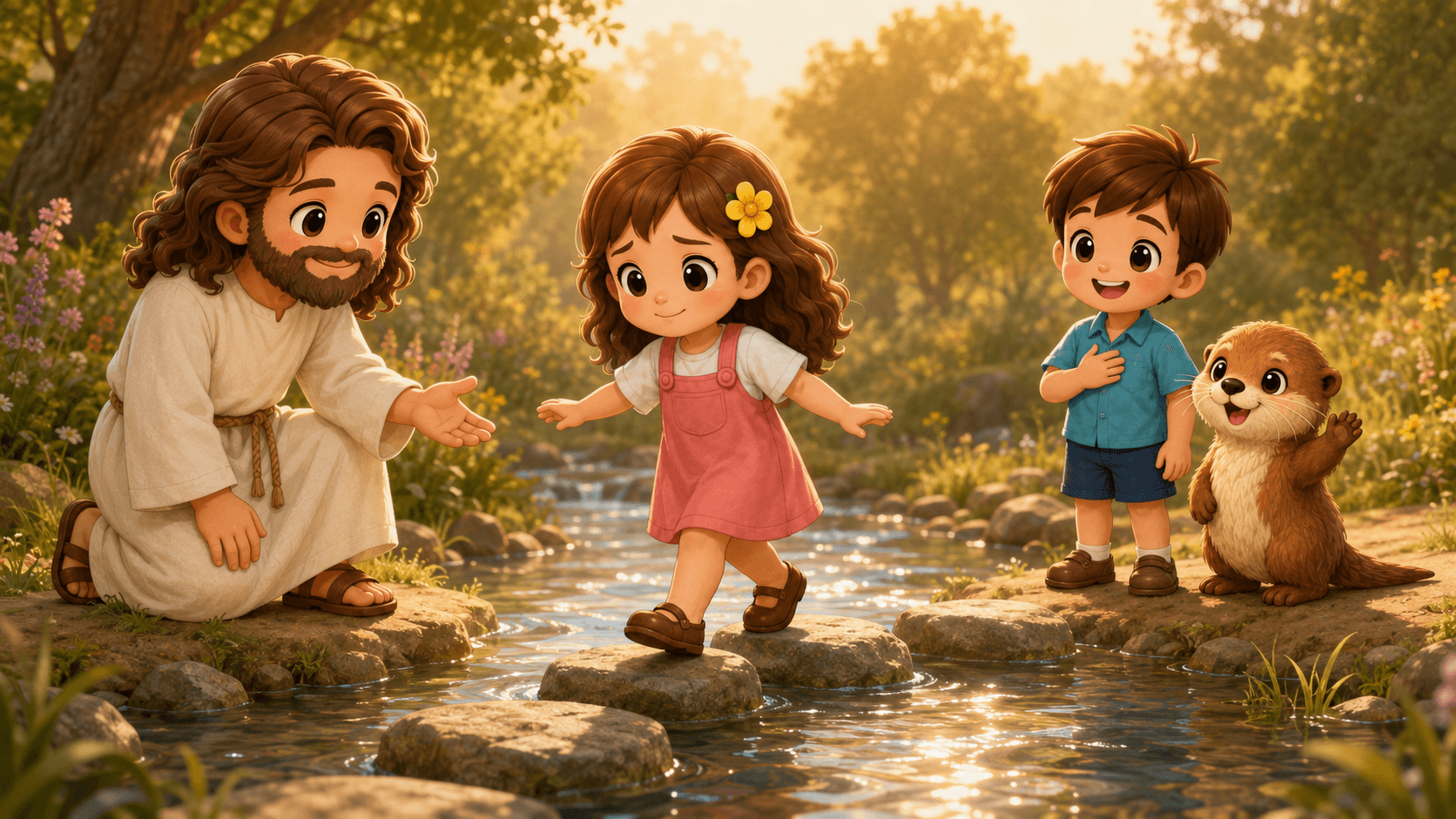 Jesus helps a girl cross a stream on stepping stones in a sunlit forest.