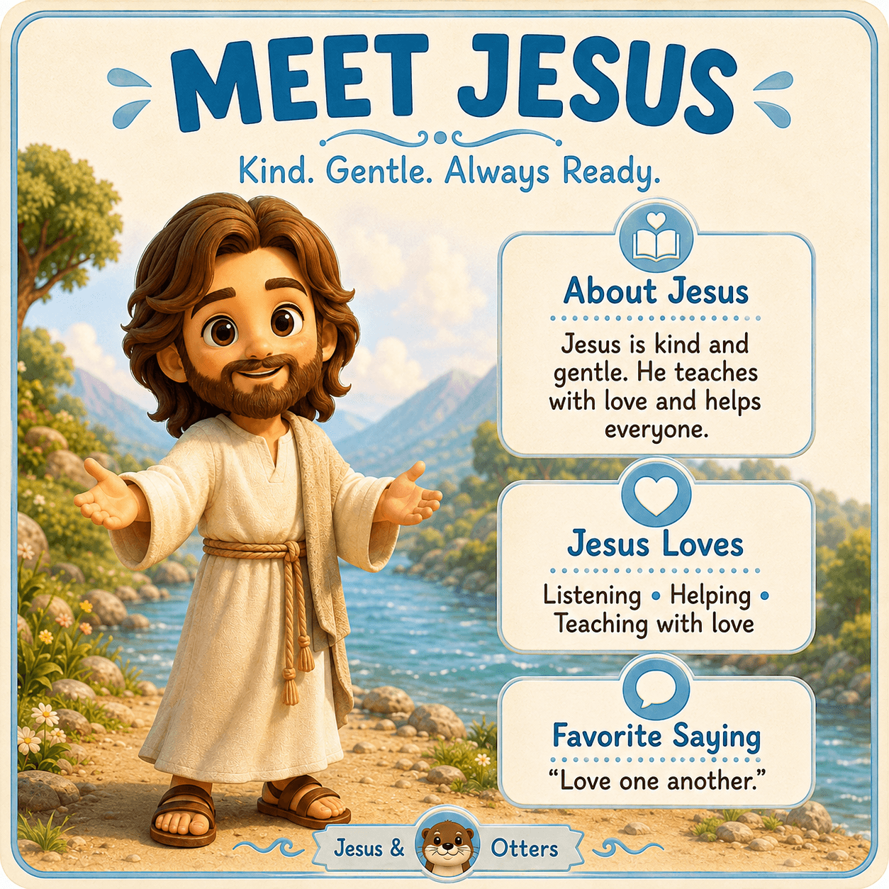 Friendly cartoon Jesus with open arms, featuring text boxes about his love and kindness.