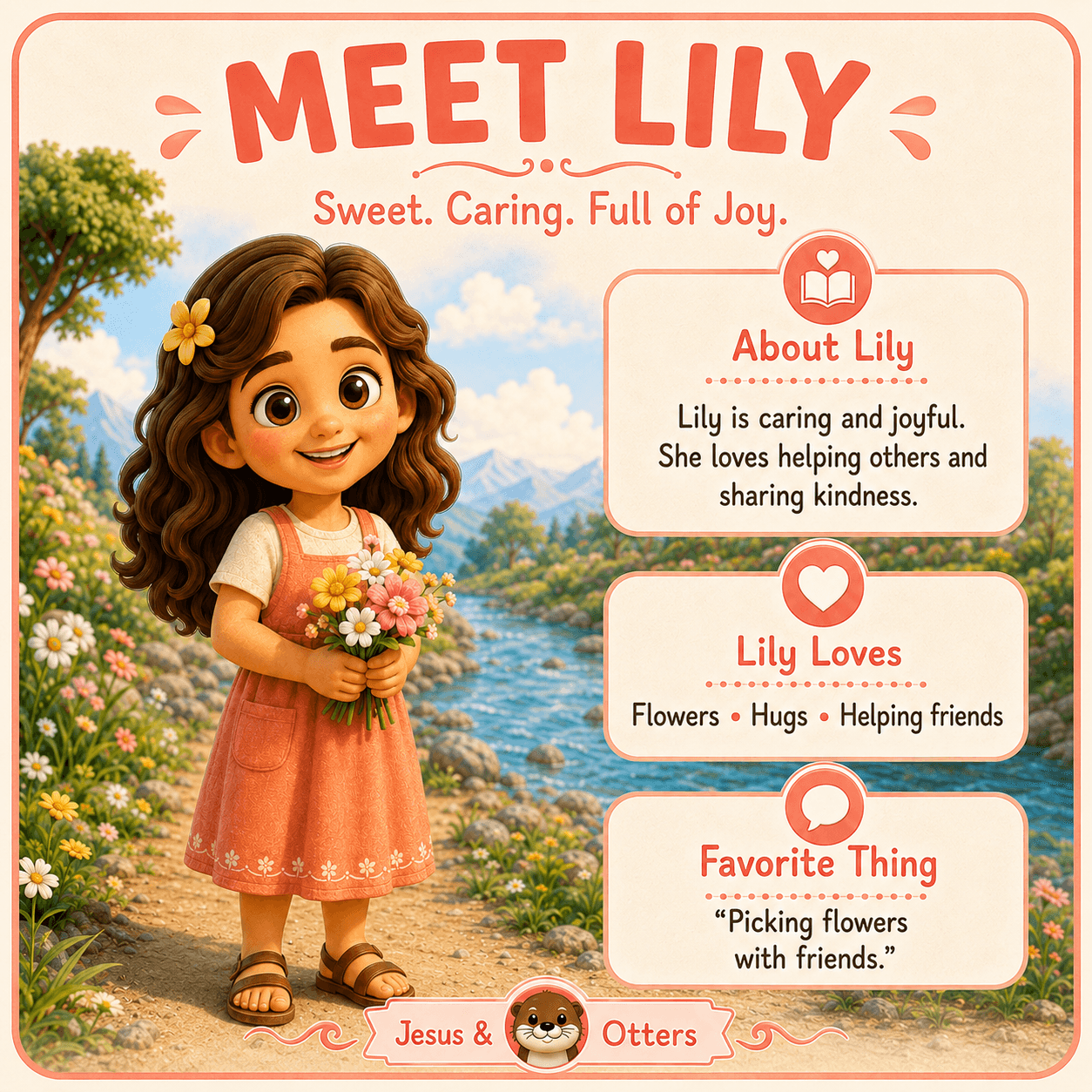 Smiling cartoon girl Lily holding flowers in a scenic landscape with text describing her character.