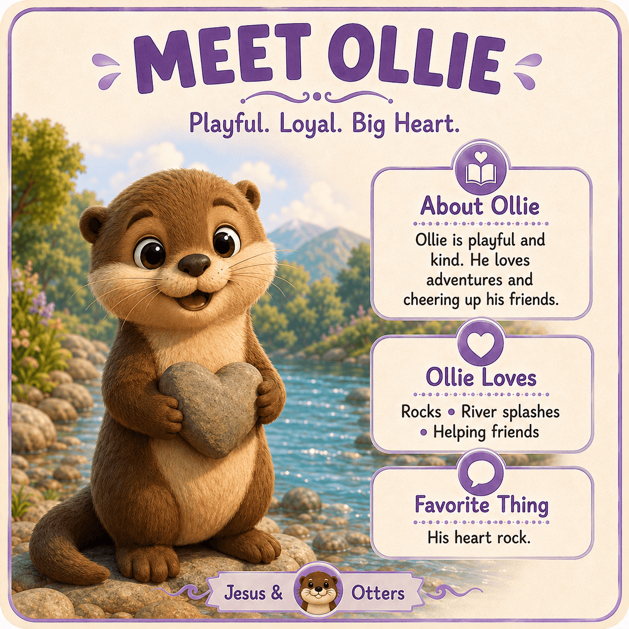 Cute cartoon otter Ollie holding a heart rock next to text describing his playful personality.