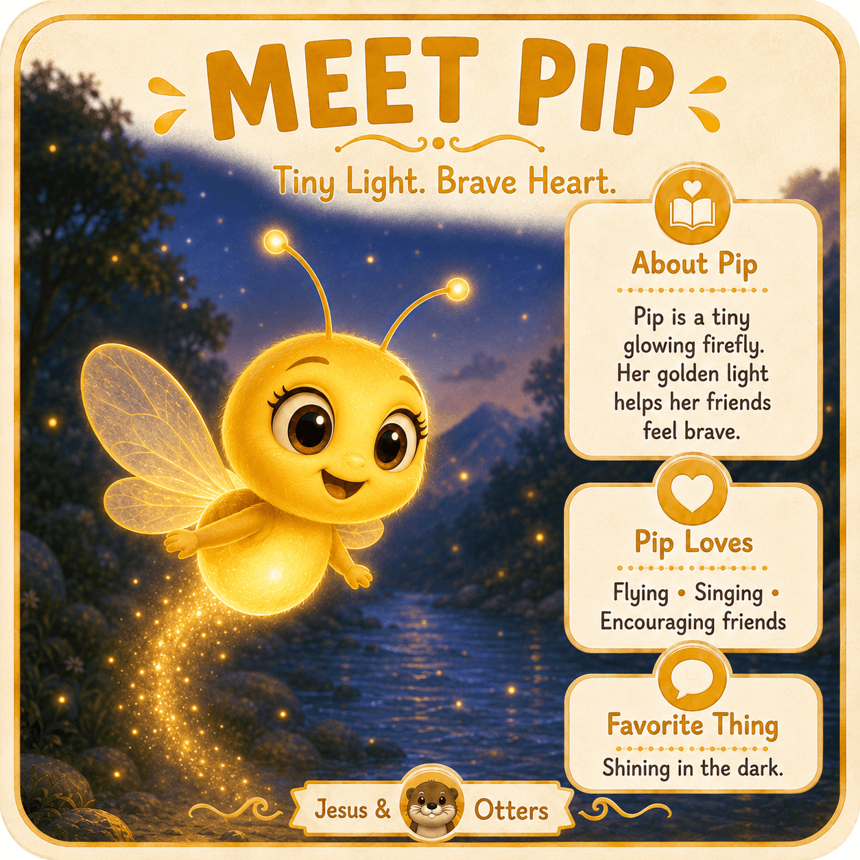 Cute glowing firefly named Pip flying over a river at night with character information.