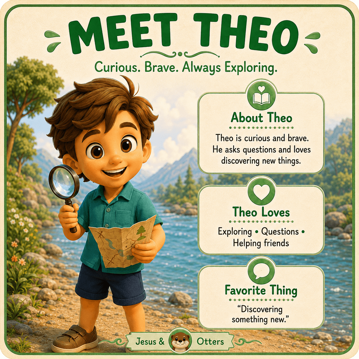 Cartoon boy Theo holds a magnifying glass and map in a scenic outdoor nature setting.