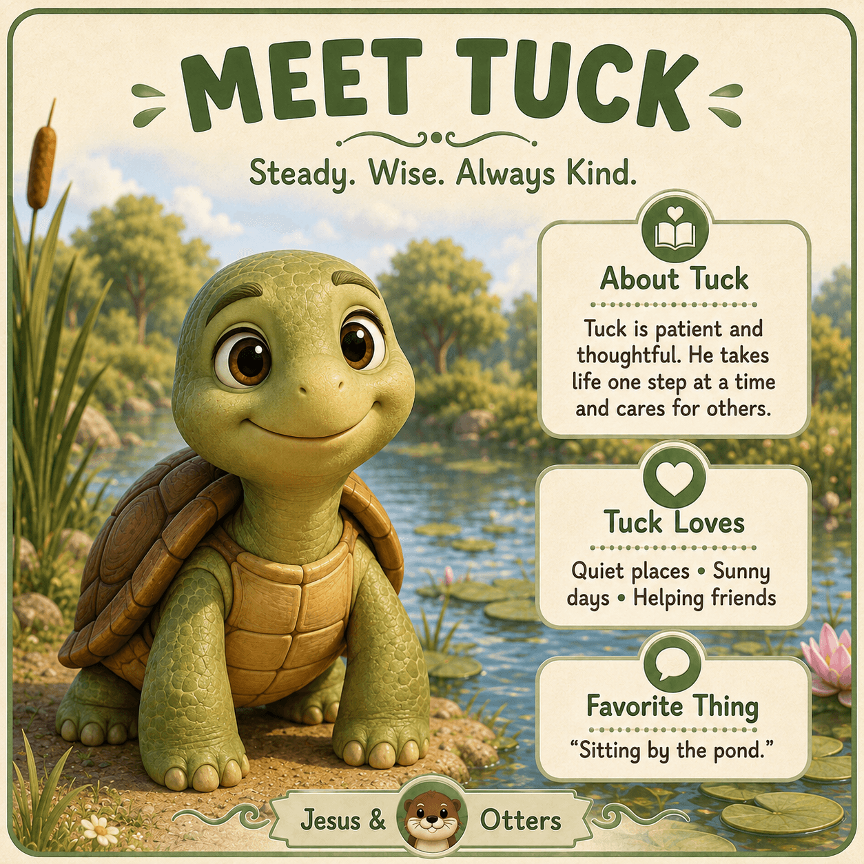 Character profile of a friendly green turtle named Tuck, with descriptive text and pond background.