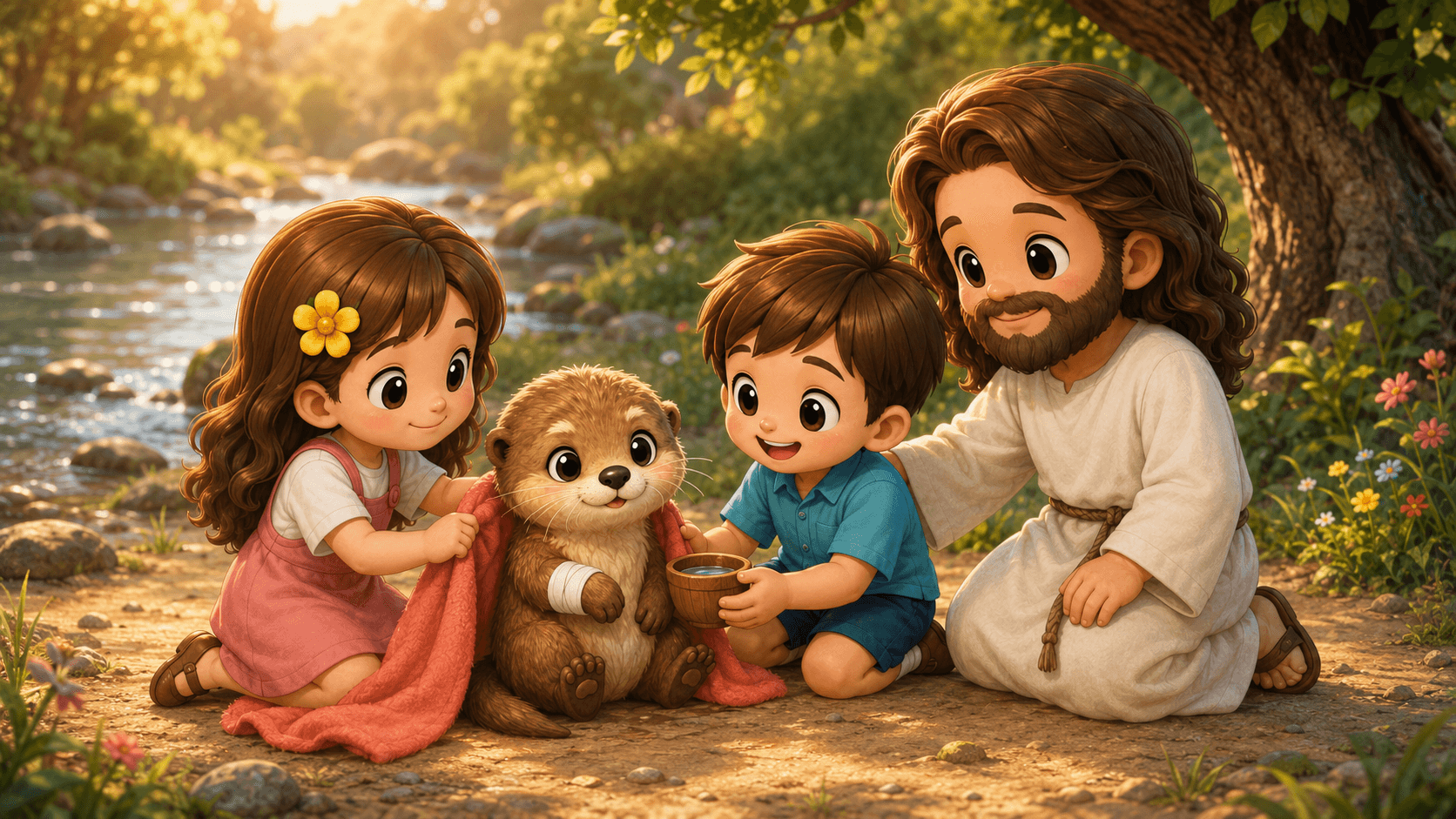 Cartoon Jesus and children help a bandaged otter in a sunny, peaceful forest setting.