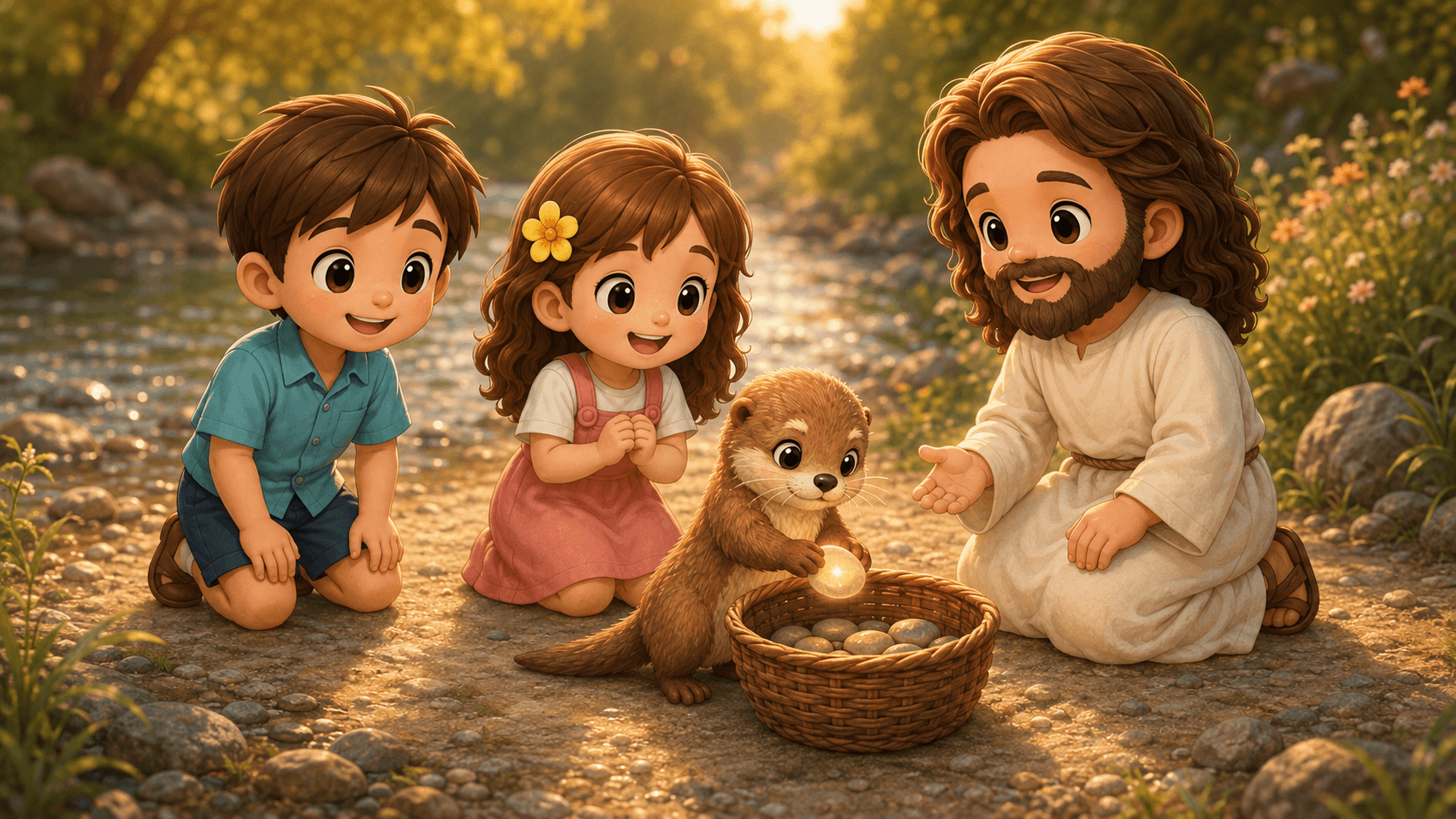 Cartoon Jesus and two children watch an otter holding a glowing stone near a riverbank.