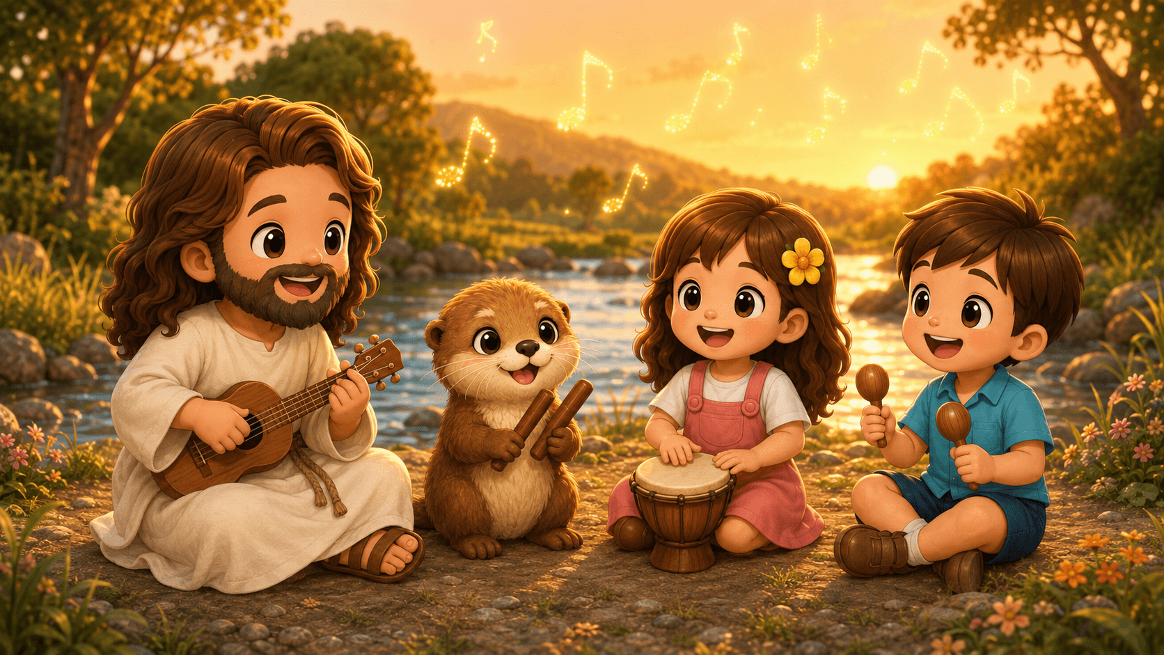 Cartoon Jesus, an otter, and children play musical instruments by a river at golden sunset.