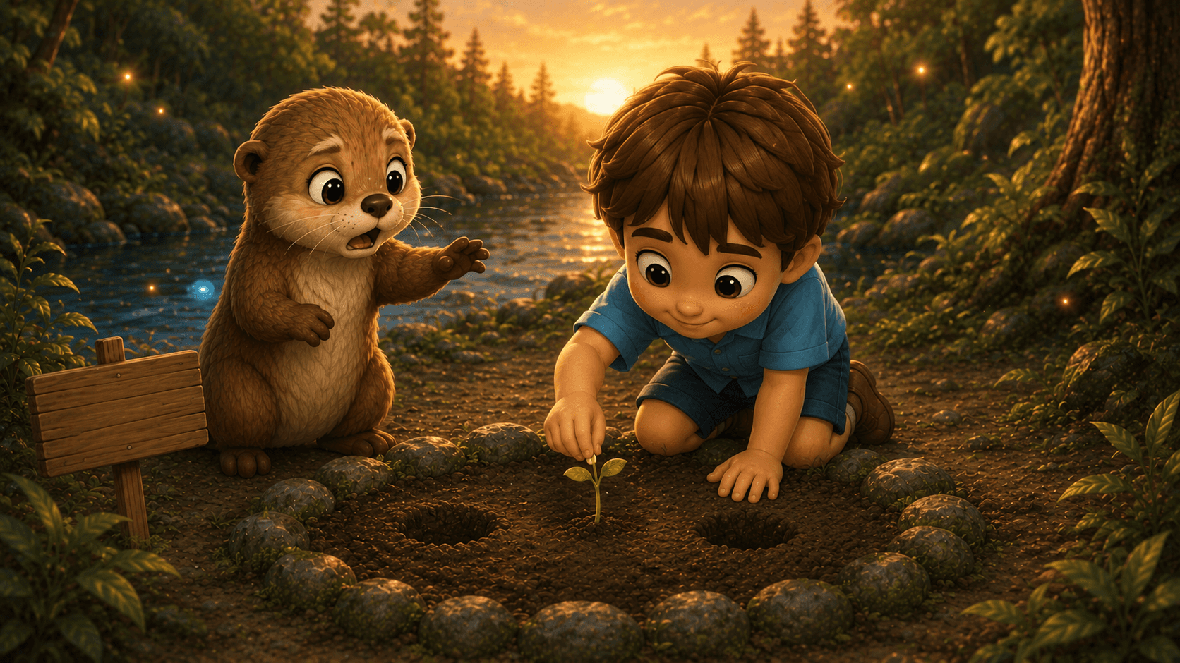 A young boy plants a seedling while a surprised otter watches in a sunset forest.