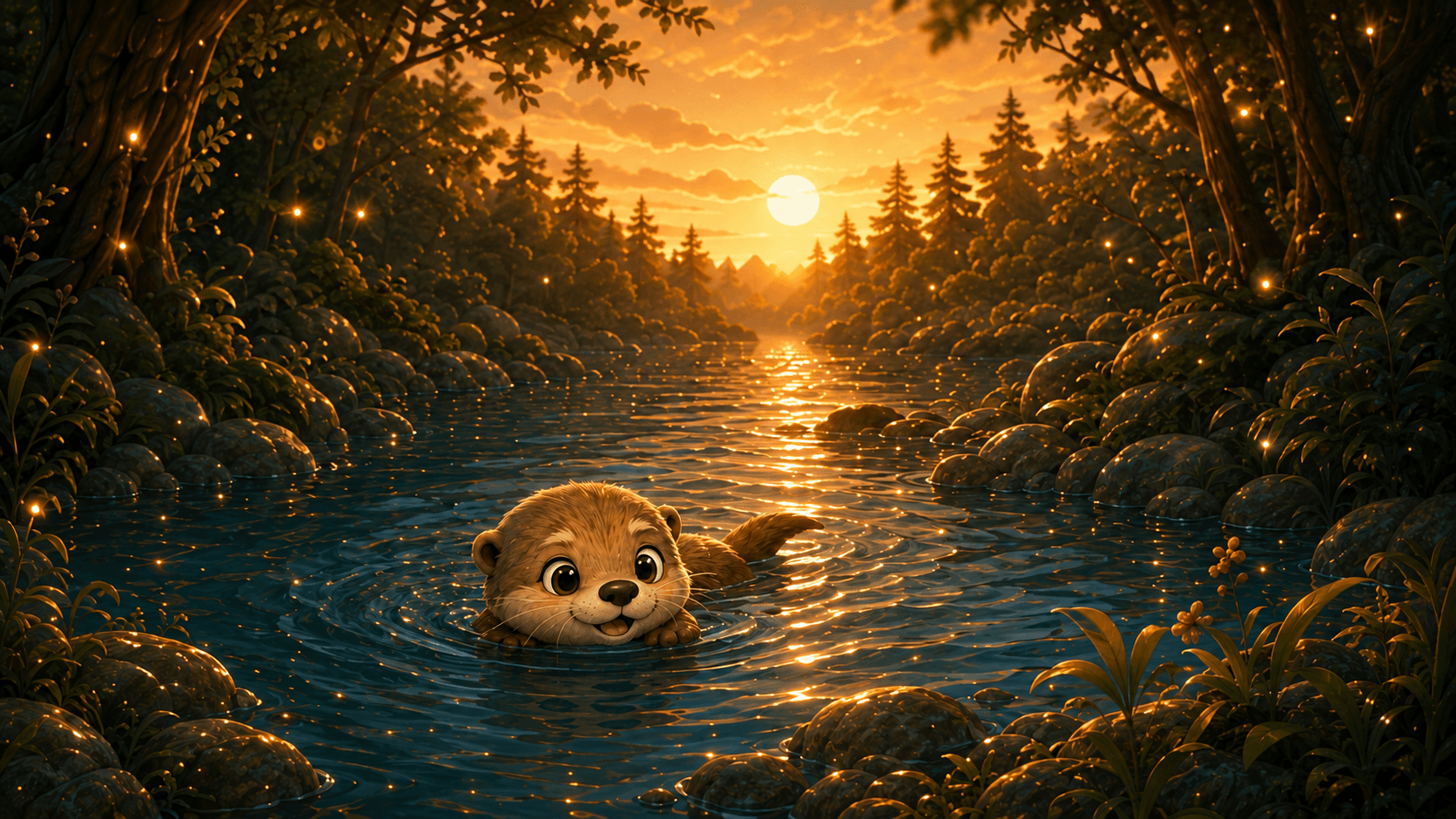 A cute otter swims through sparkling golden water in a forest during a vibrant sunset.