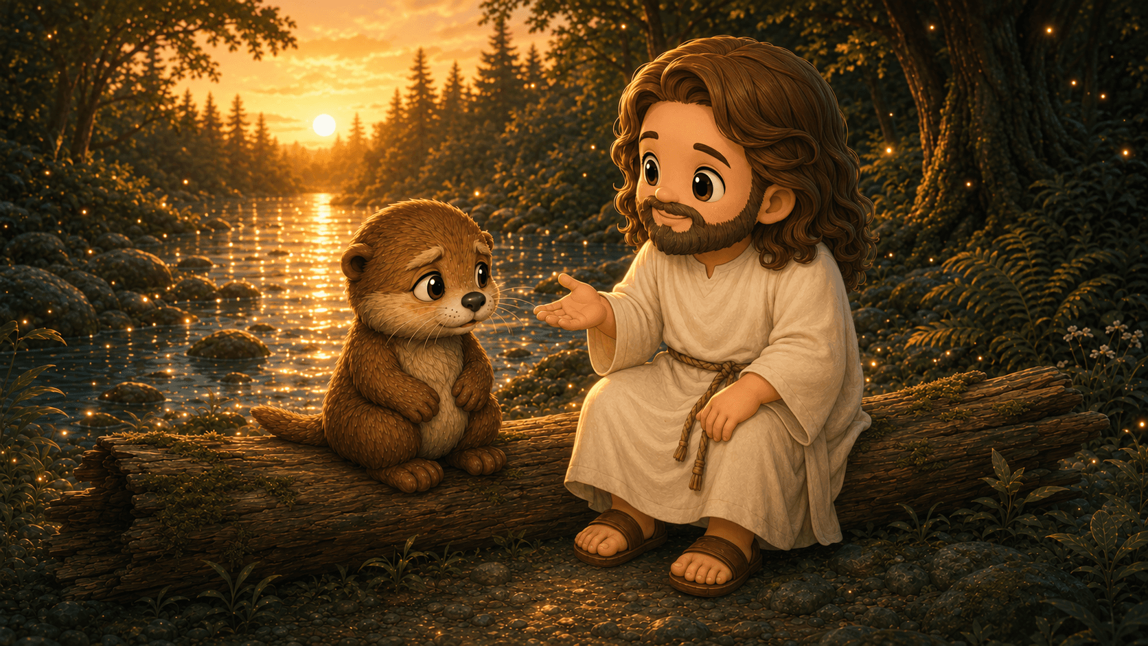 Cartoon Jesus and a cute otter sit on a log by a glowing sunset river.