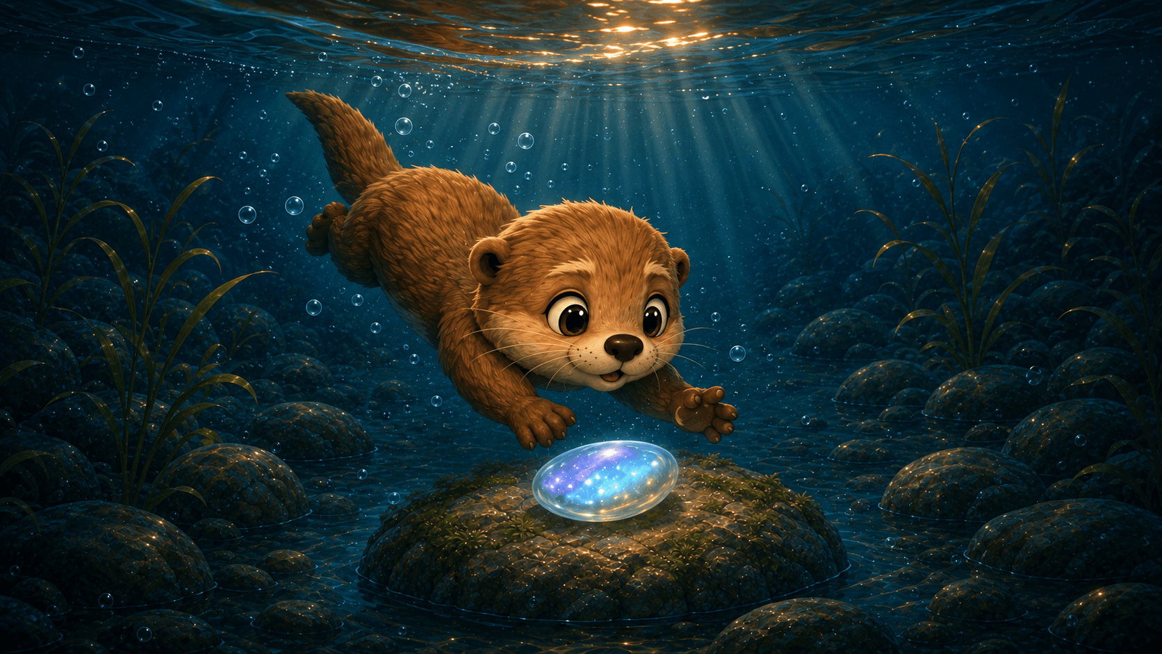 Whimsical brown otter diving underwater to reach a glowing iridescent gem on a mossy rock.
