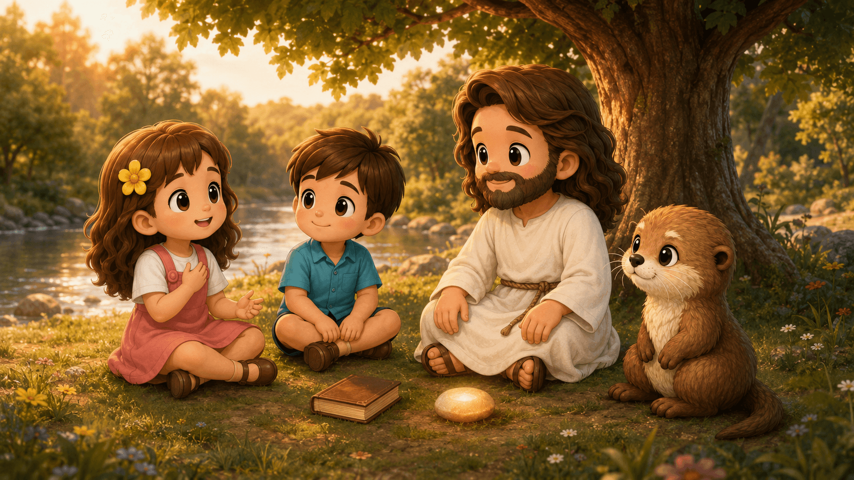 Animated Jesus, two children, and an otter sit peacefully under a tree at sunset.